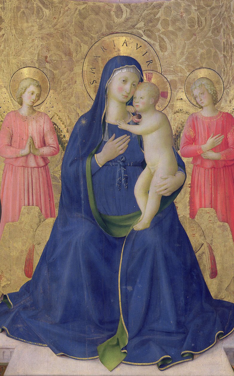 Het Bosco ai Frati Altaarstuk: De Maagd en het Kind op de troon met twee engelen (detail) door Fra Angelico