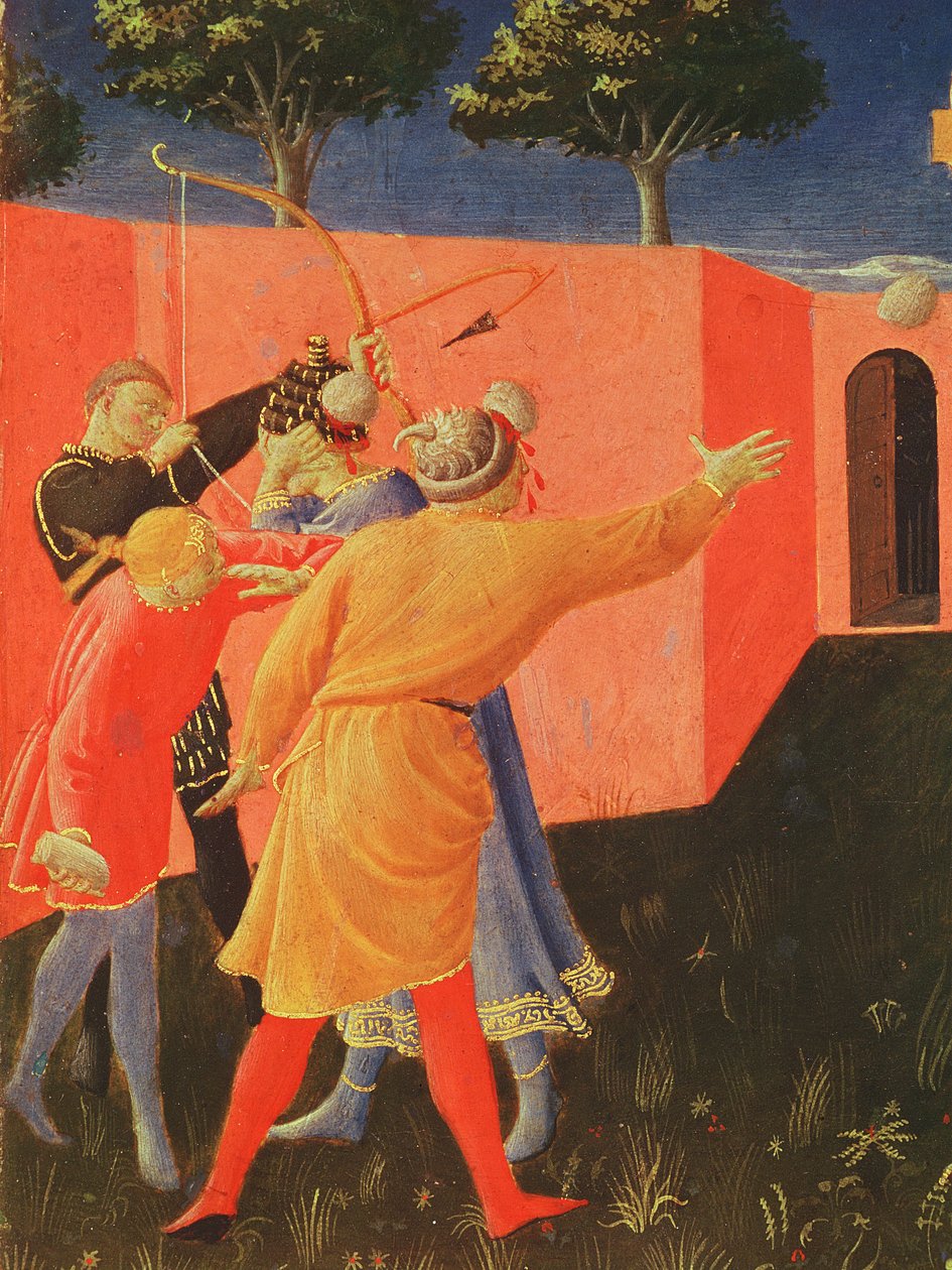 De kruisiging en steniging van SS. Cosmas en Damianus, detail van hun folteraars, predella van het Annalena Altaarstuk, 1434 door Fra Angelico