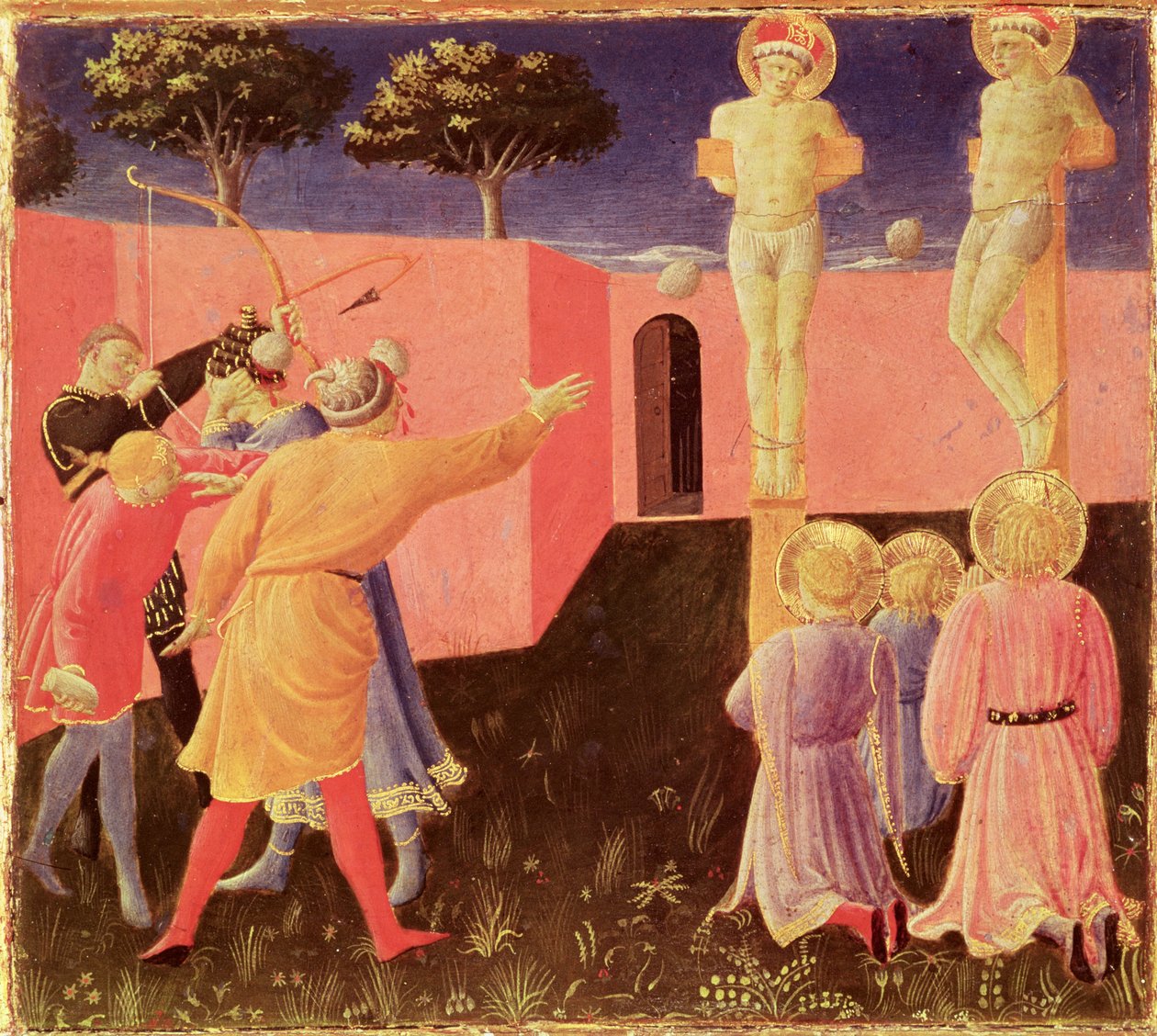 De kruisiging en steniging van SS. Cosmas en Damian, predella van het Annalena Altaarstuk, 1434 door Fra Angelico