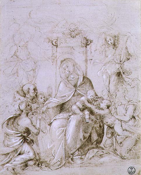 Madonna en kind op de troon met St. Johannes de Doper gepresenteerd door een engel en St. Monica door Fra Bartolomeo