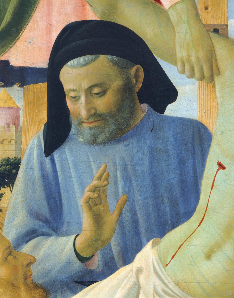 Architect Michelozzo, detail van De Kruisafneming of het Altaarstuk van de Heilige Drie-eenheid, circa 1432, door Giovanni da Fiesole bekend als Fra Angelico door Fra (c.1387 1455) Angelico