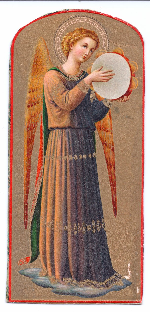 Kleurenlitho van Fra Angelico engel die tamboerijn speelt, ca. 1910 door Fra Angelico