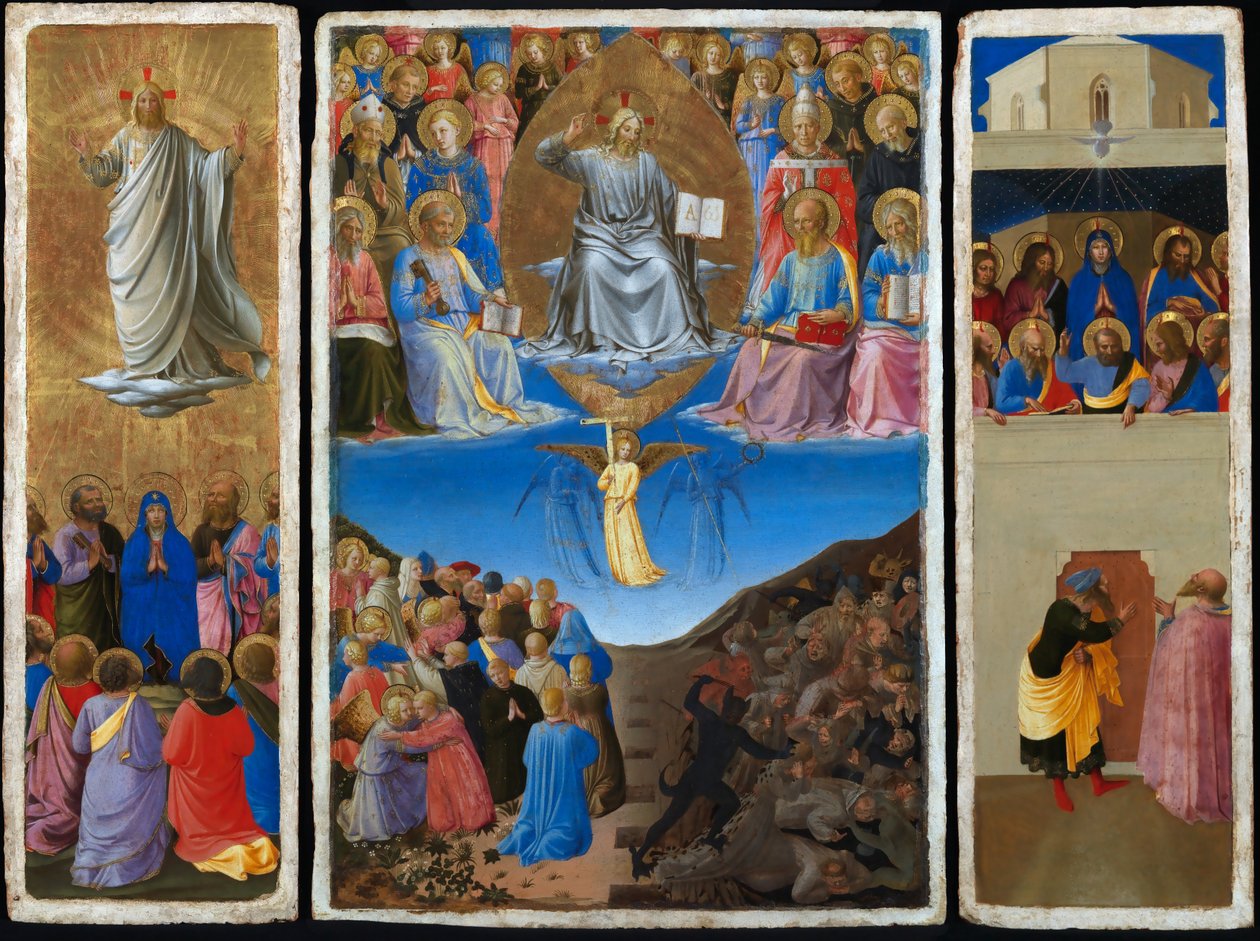 Italiaans: Trittico (Ascensione, Giudizio Universale, Pentecoste) Drieluik van het Laatste Oordeel, Hemelvaart en Pinksteren door Fra Angelico
