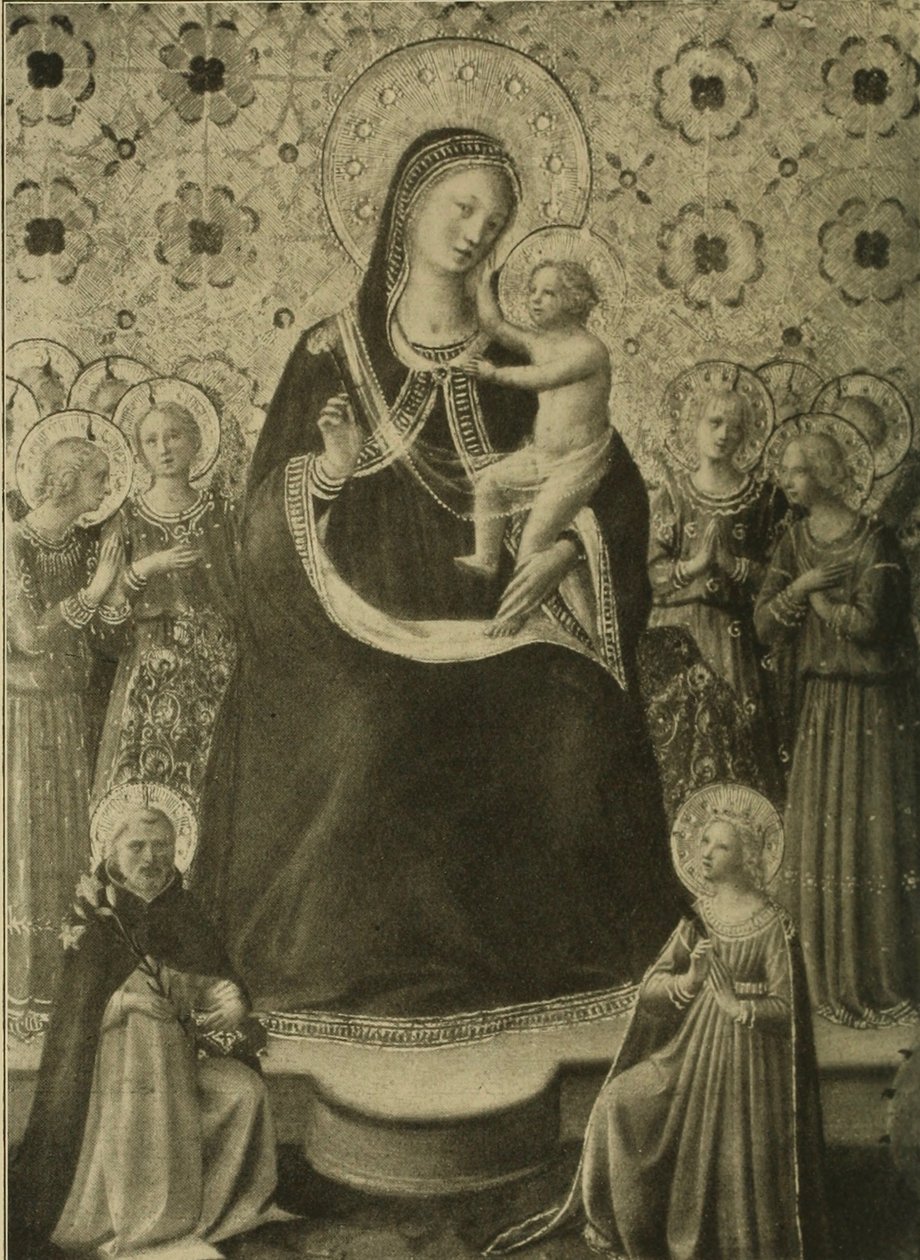 Madonna en kind met negen engelen en de heiligen Dominicus en Catharina van Alexandrië door Fra Angelico