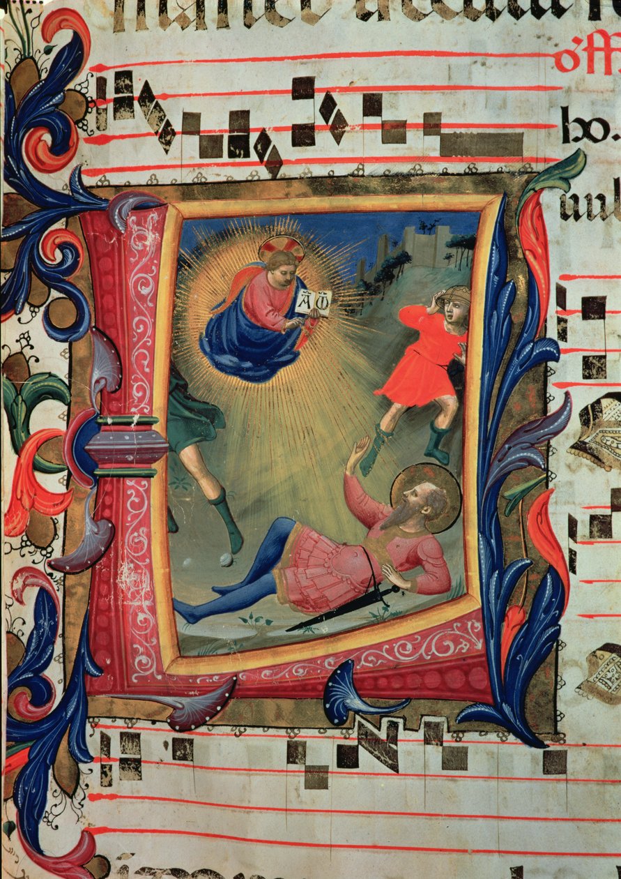 Historiated initiaal die de bekering van St. Paulus afbeeldt, detail uit een missaal, vroege jaren 1430 door Fra Angelico