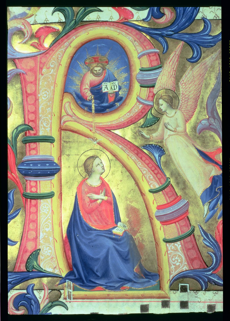 Ms 558 f.33v De Aankondiging afgebeeld in een versierde initiaal R, detail uit een Missaal, vroege 1430s door Fra Angelico