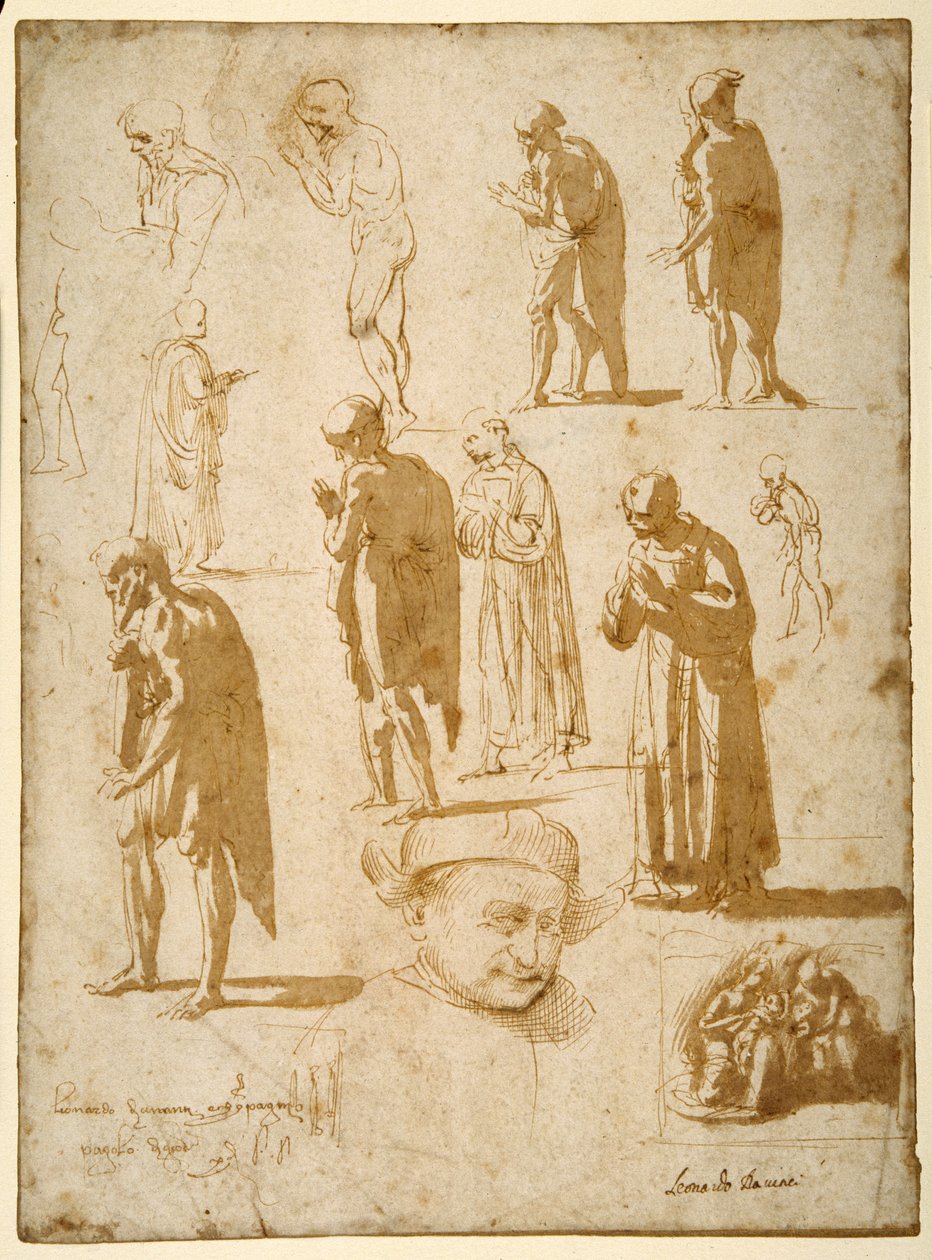 Studies van mannelijke figuren, naakt en gekleed, inclusief twee in monnikskledij door Fra Diamante
