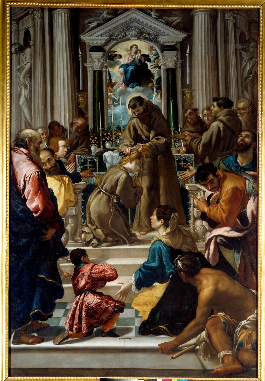 Sint Franciscus van Assisi knipt het haar van Sint Clara door Fra Semplice da Verona