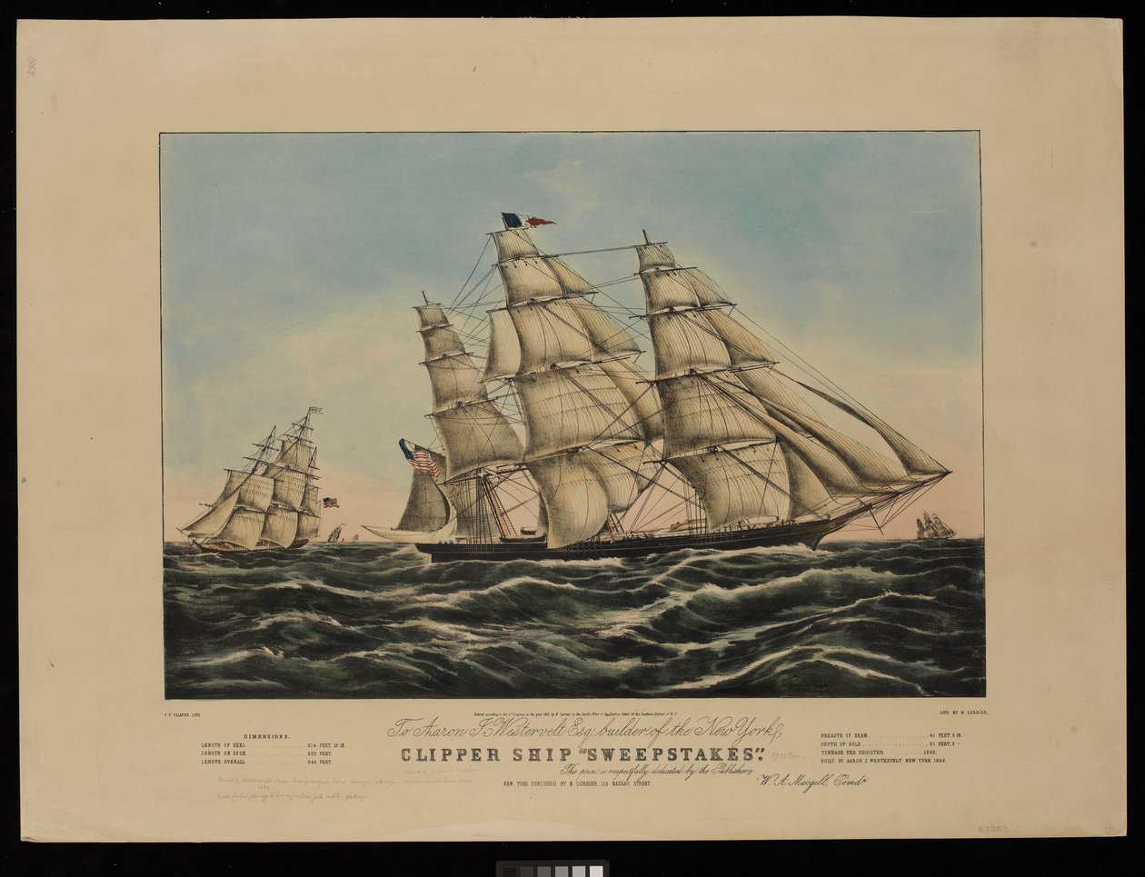 Aan Aaron J Westervelt Esq. bouwer van het New York clipper schip Sweepstakes, deze prent is respectvol opgedragen door de uitgevers door Frances Flora Bond (c.1812 76) (after) Palmer