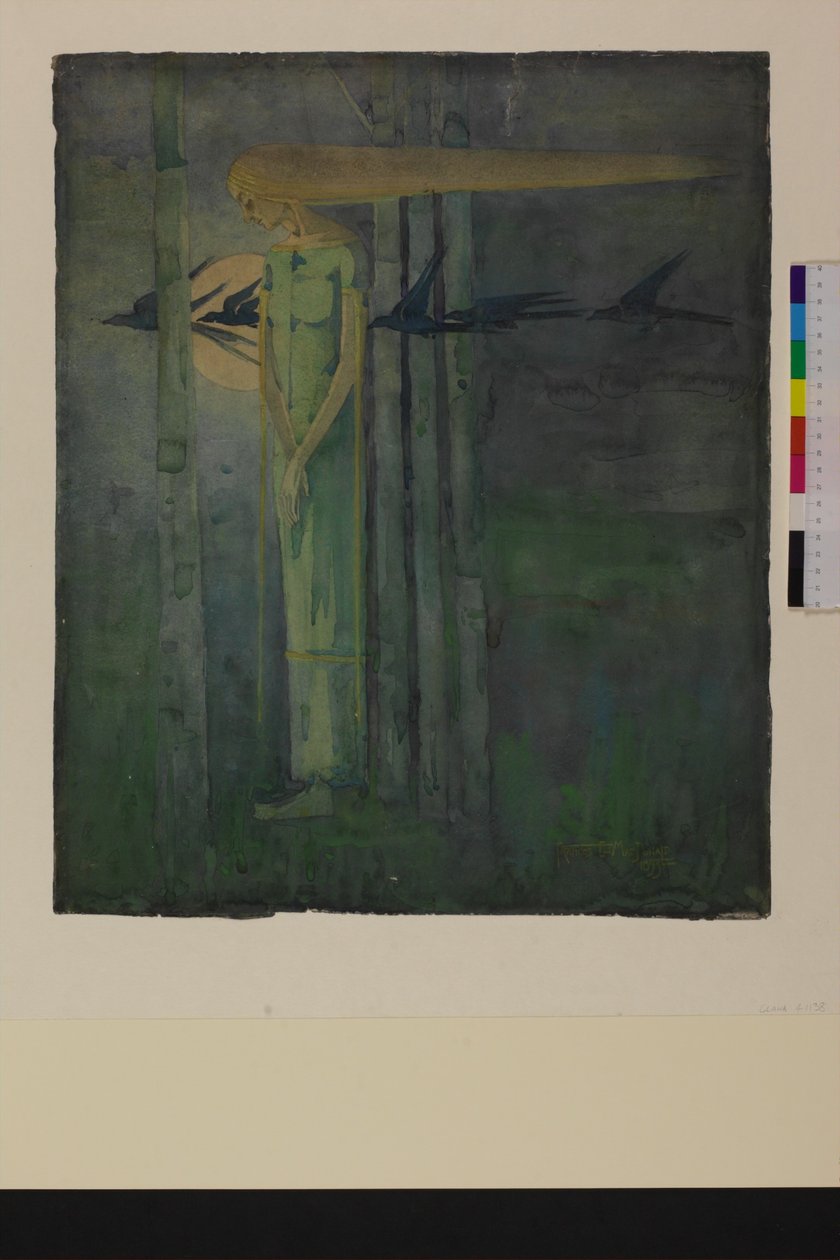 "Onheilspellend", of, "Meisje in de oostenwind met raven die langs de maan vliegen" 1893 door Frances Macdonald