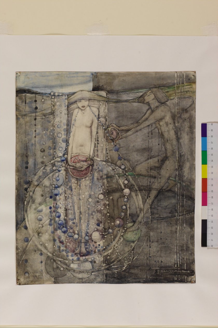 De man maakt de kralen van het leven maar de vrouw moet ze rijgen, ca. 1912-15 door Frances Macdonald