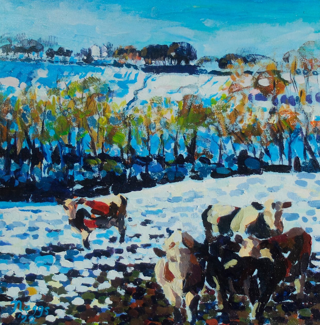Koeien in de sneeuw, 2024 (acryl op doek) door Frances Naggs