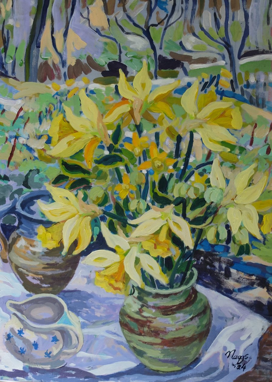Eerste narcissen, 2024 (acryl op doek) door Frances Naggs
