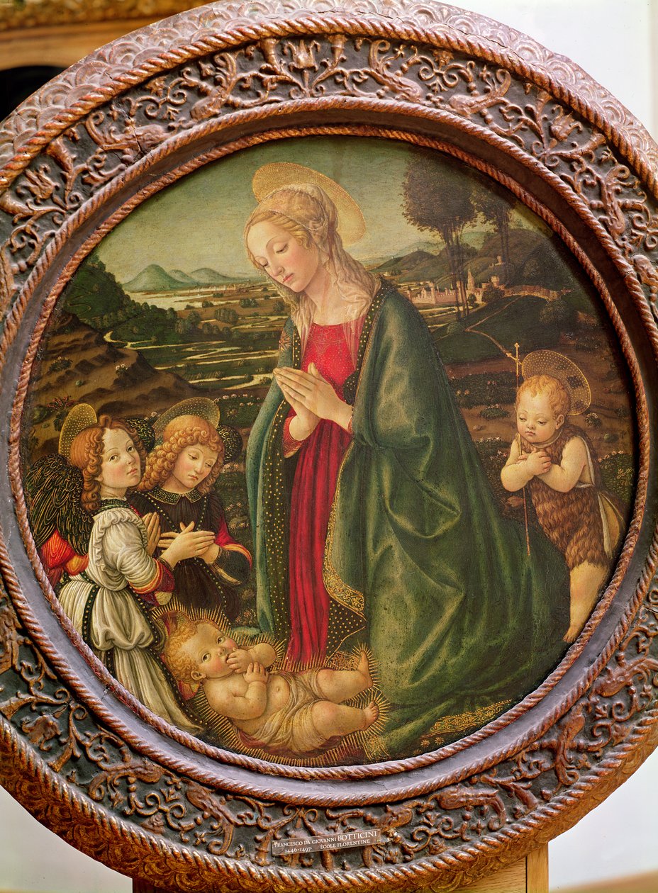 De Maagd die het Christuskind aanbidt met St. Johannes de Doper en twee engelen (tempera op paneel) door Francesco Botticini