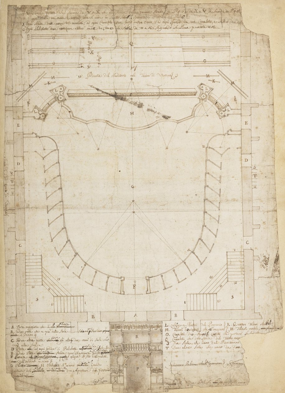 Teatro Filarmonico van de Accademia Filarmonica van Verona, Italië, Auditorium en Hoofdingang door Francesco Galli Bibiena