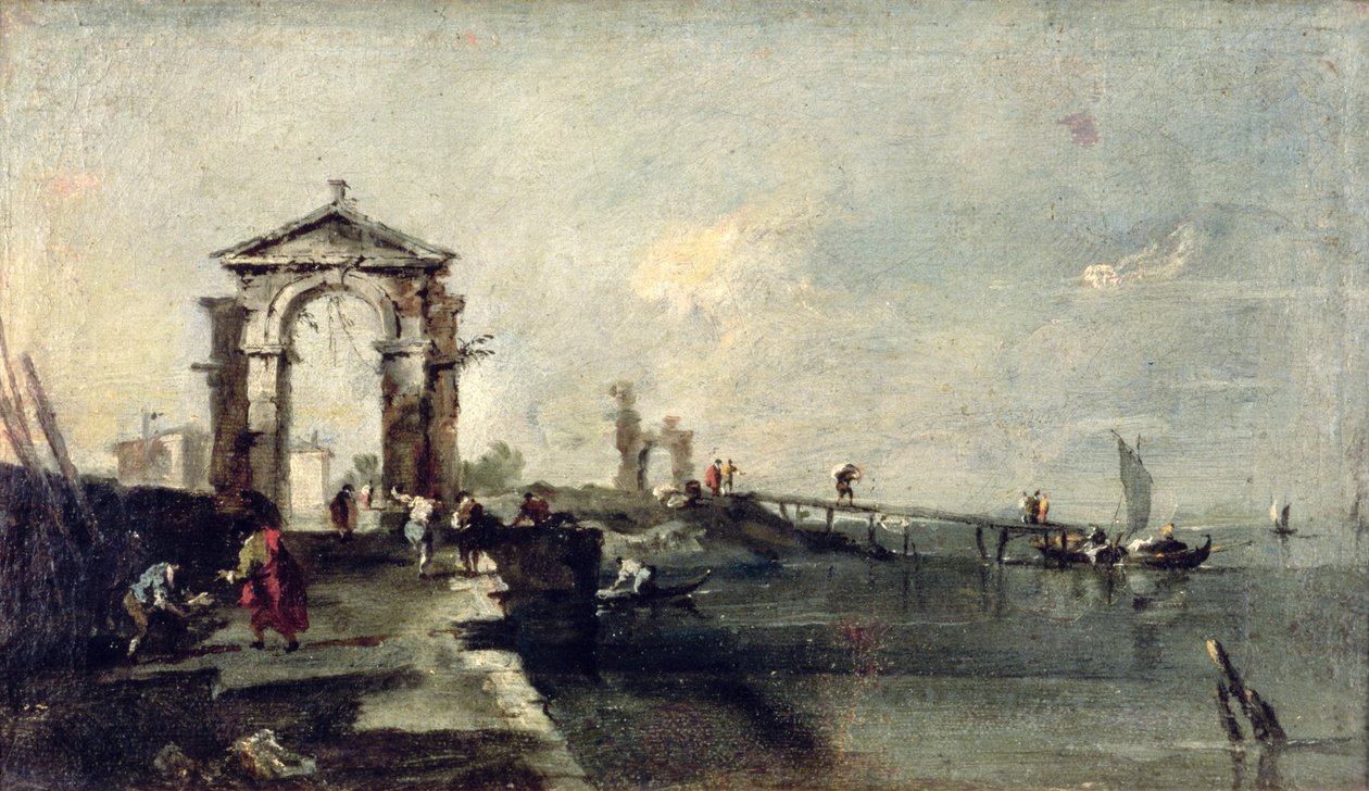Capriccio met een boog en aanlegsteiger, c.1750 door Francesco Guardi