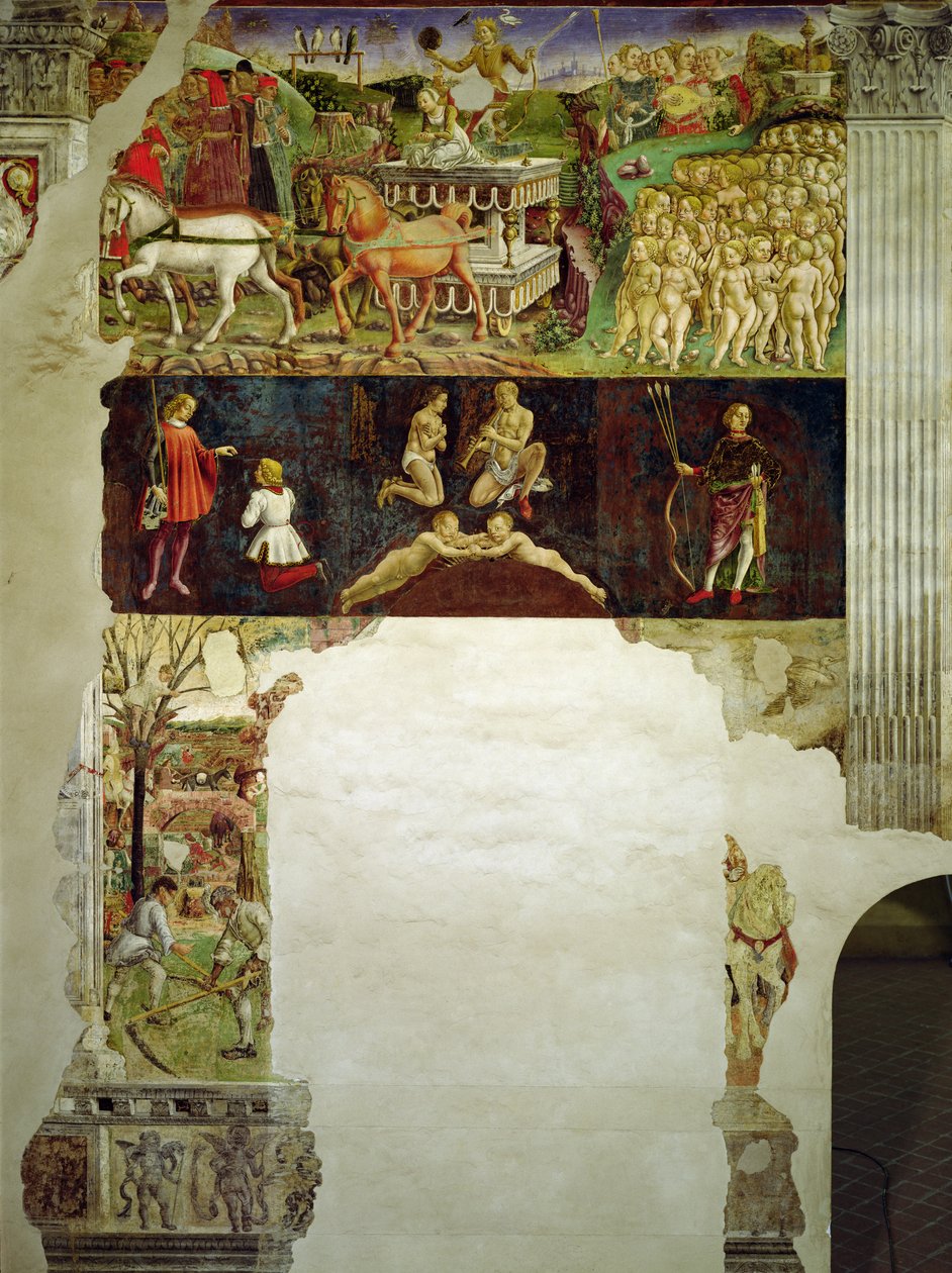 Allegorie van Mei: Astrologische Symbolen van Tweelingen en Triomf van Apollo door Francesco del Cossa