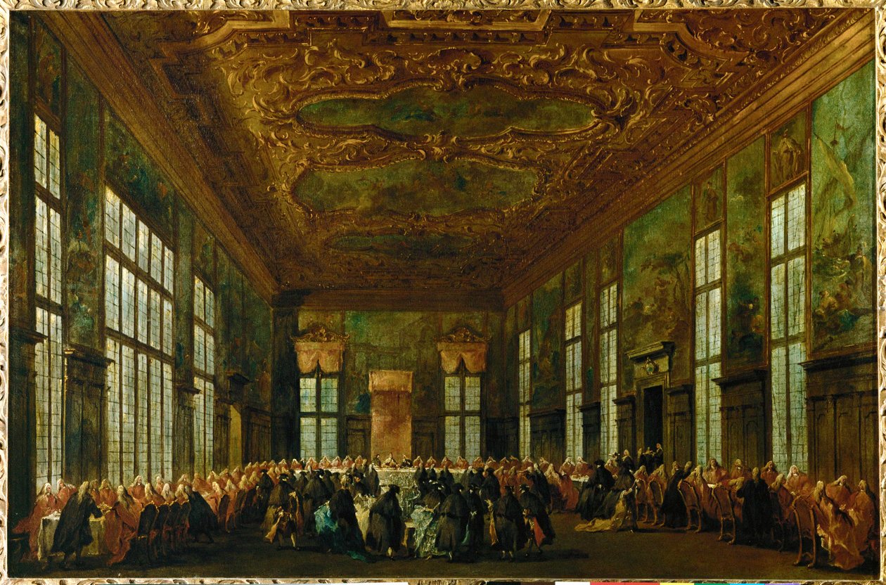 Ceremoniële maaltijd in het Dogenpaleis in de Grote Raadszaal, Doge zittend op de achtergrond ... door Francesco (circle of) Guardi