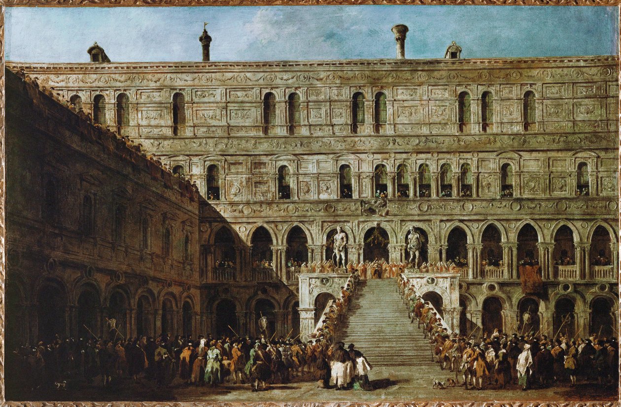 Kroning van de Doge van Venetië op de trappen van de reuzen van het hertogelijk paleis ... door Francesco (circle of) Guardi