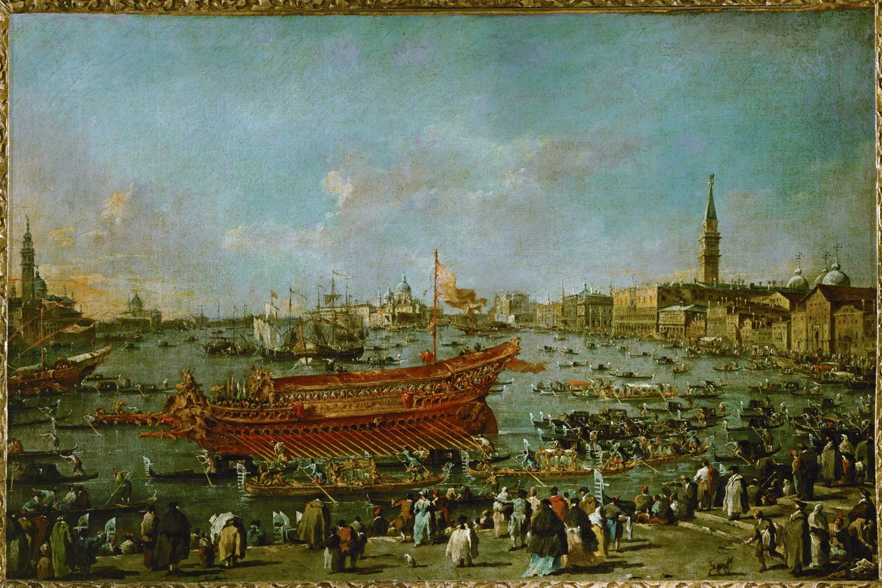 Vertrek van de Buccintoro richting Lido ... door Francesco (circle of) Guardi