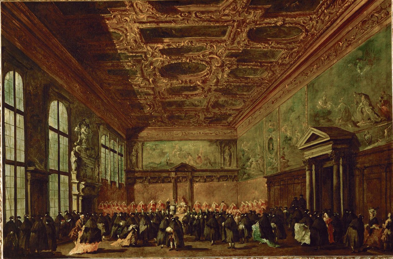 La salle du college au palais des Doges a Venise - De raadszaal in het paleis van de Doges, Venetië ... door Francesco (circle of) Guardi