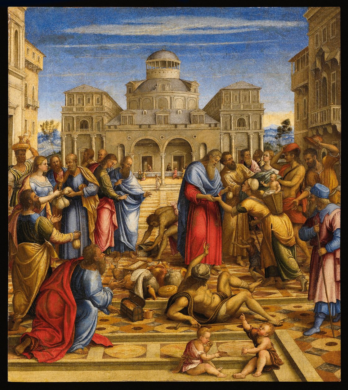 Sint Jan de Aalmoezenier (556-619), patriarch van Alexandrië, die geld uitdeelt aan de armen in de straten van de stad door Francesco (fl.1508 45) Rizzi da Santacroce