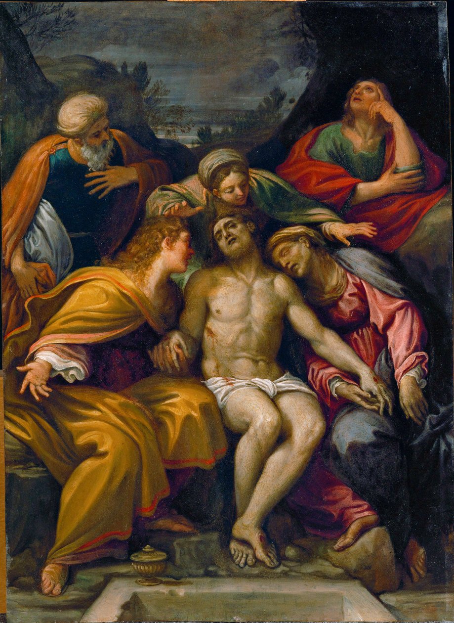 Deploratie, met Sint-Jan apostel, Sint-Magdalena, Marie-Salomé, Jozef van Arimathea en Sint-Maria ... door Francesco Albani