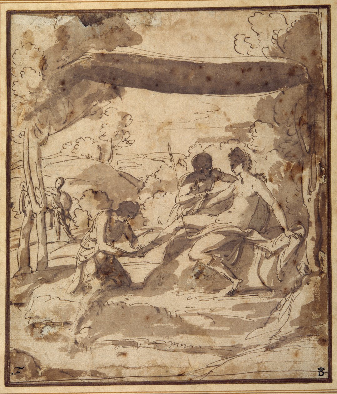 Venus, liggend onder een rustiek baldakijn, met Adonis die haar sandaal vastmaakt door Francesco Albani