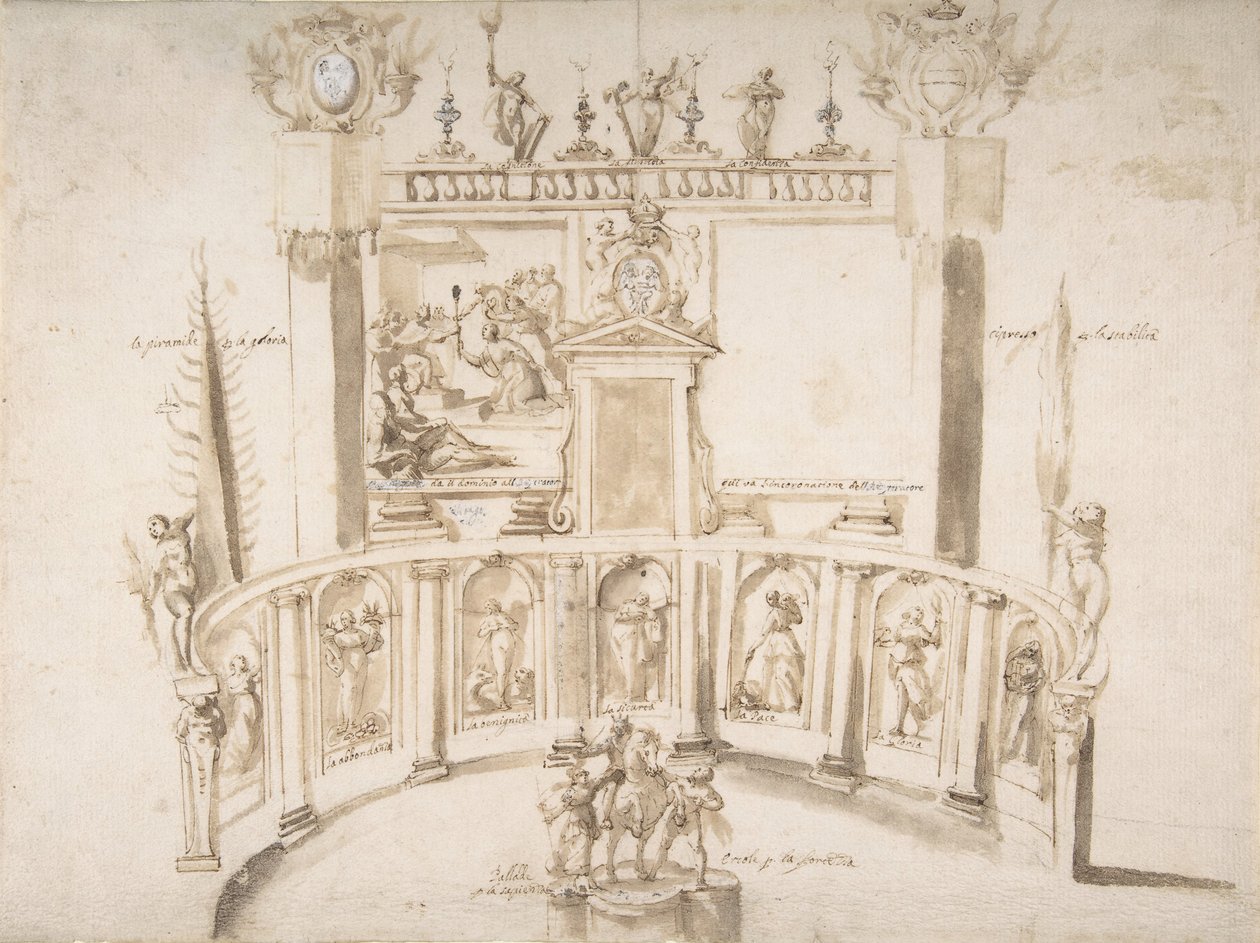 Ontwerp voor een Tuinfeest met een Halfronde Muur en Beelden in Nissen door Francesco Allegrini