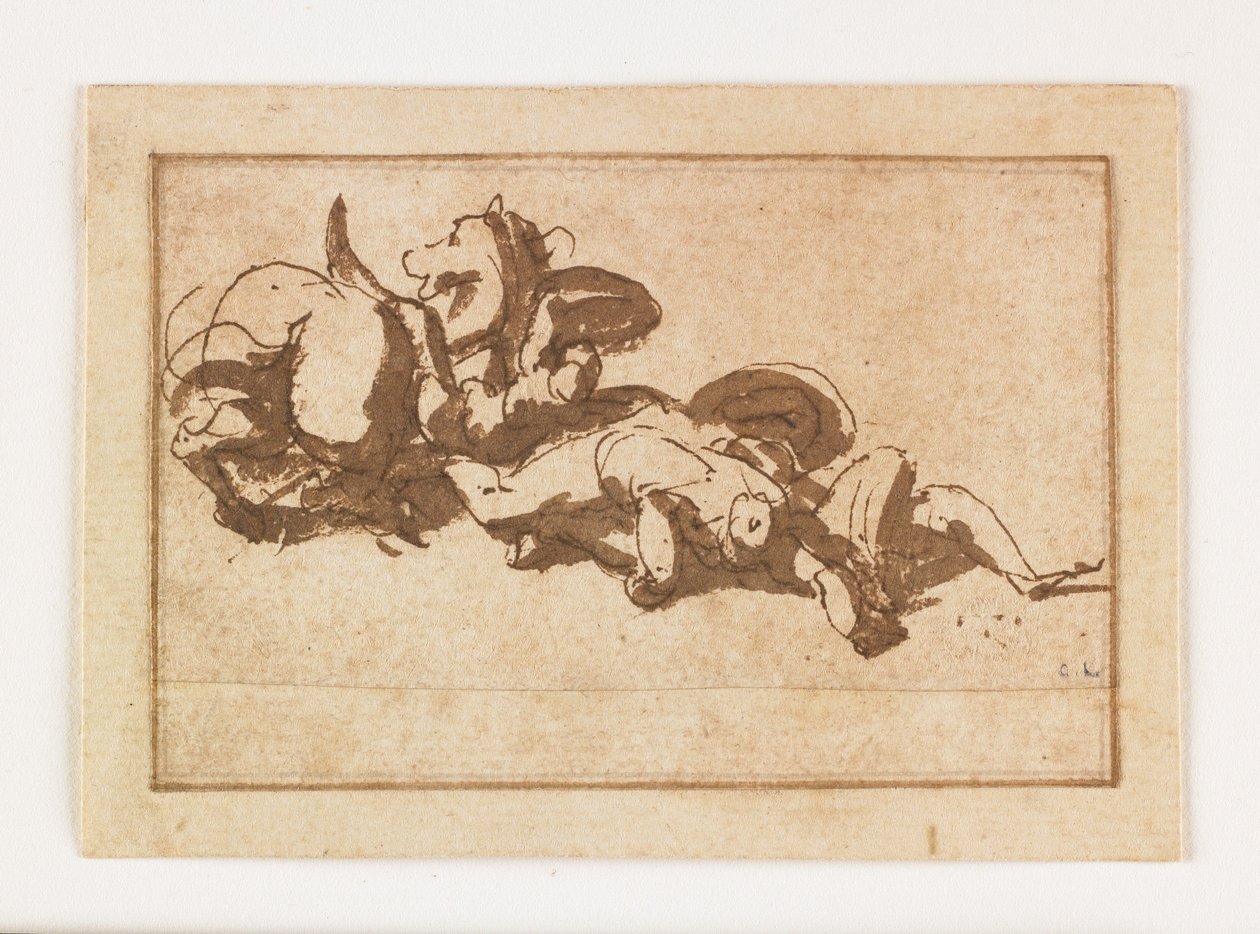 Studie van twee dode figuren en een paard door Francesco Allegrini
