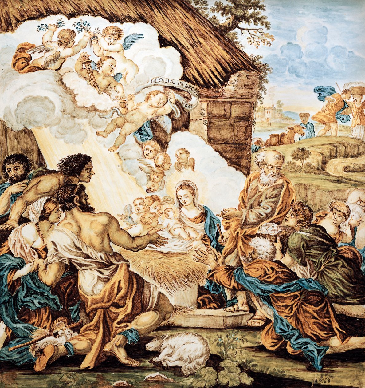 Kerststal, beschilderd majolica bord, door Francesco Antonio Xaverio Grue, Abruzzo Castelli fabriek, Italië door Francesco Antonio Xaverio Grue