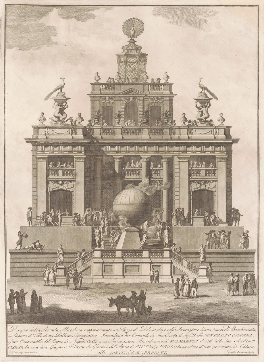 De Seconda Macchina voor de Chinea van 1785: Een plezierpaleis met een luchtballon door Francesco Barbazza, after Giuseppe Palazzi