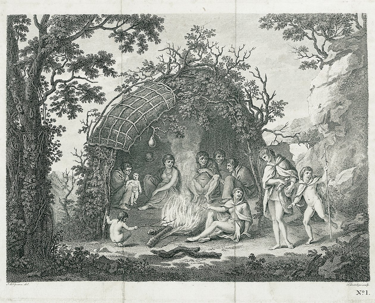 Een uitzicht op de Indianen van Terra del Fuego in hun hut door Francesco Bartolozzi