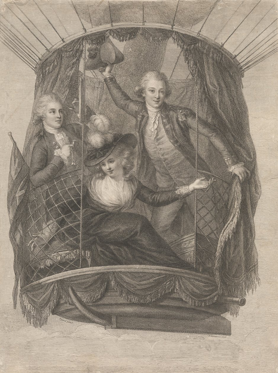 Ascensie van Madame Sage, Chevalier Biggin en Kapitein Vincent Lunardi in een luchtballon, 20 juni 1785 door Francesco Bartolozzi