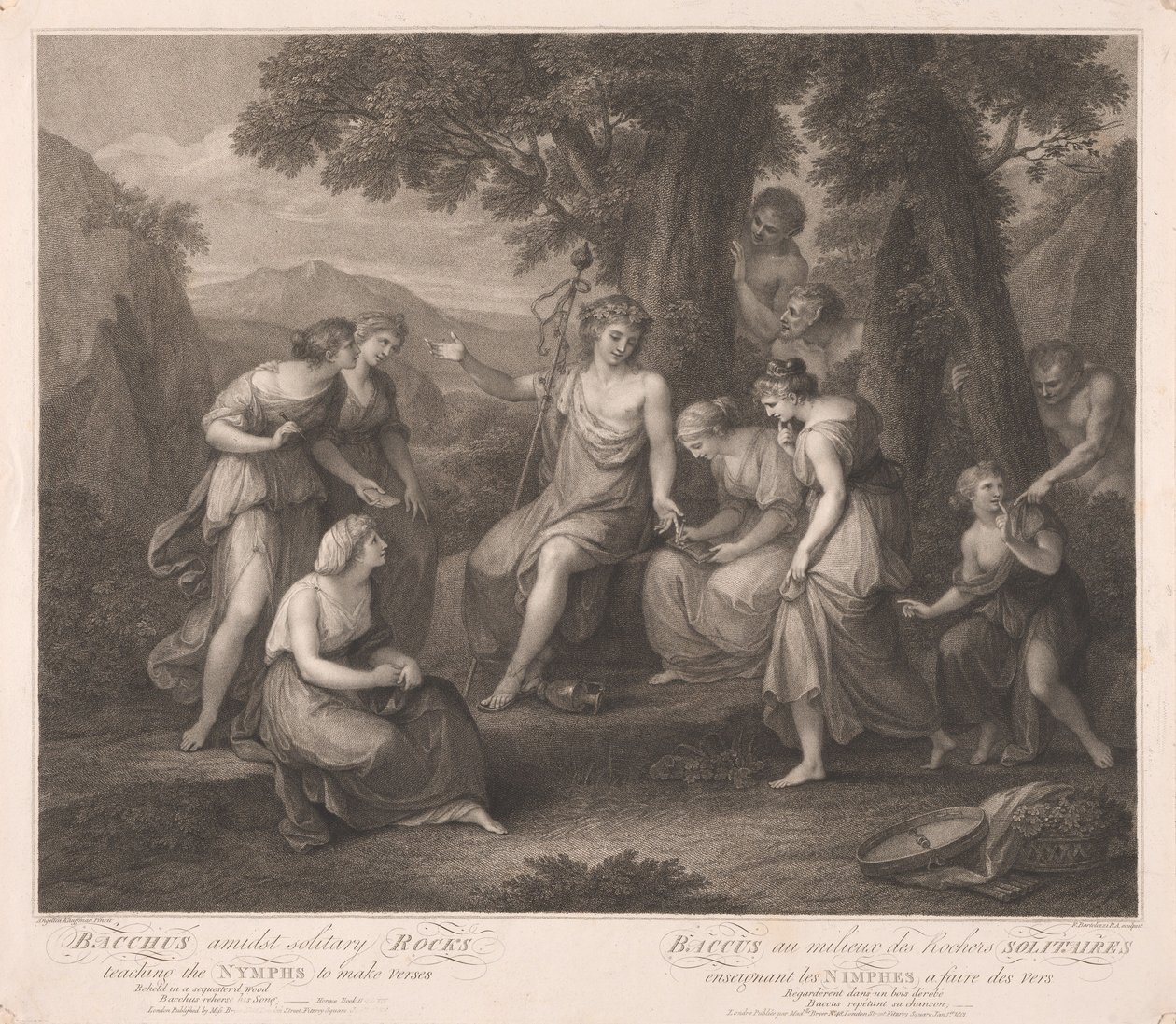 Bacchus te midden van eenzame rotsen onderwijst de nimfen in het dichten van verzen door Francesco Bartolozzi