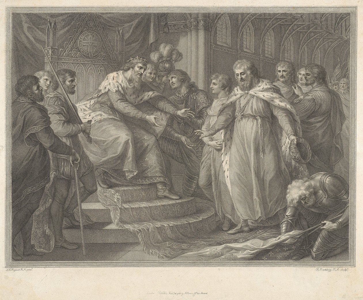 Eduard, prins van Wales, stelt de gevangengenomen koning Jan van Frankrijk en zijn zonen voor aan zijn vader Eduard III na de Slag bij Poitiers door Francesco Bartolozzi