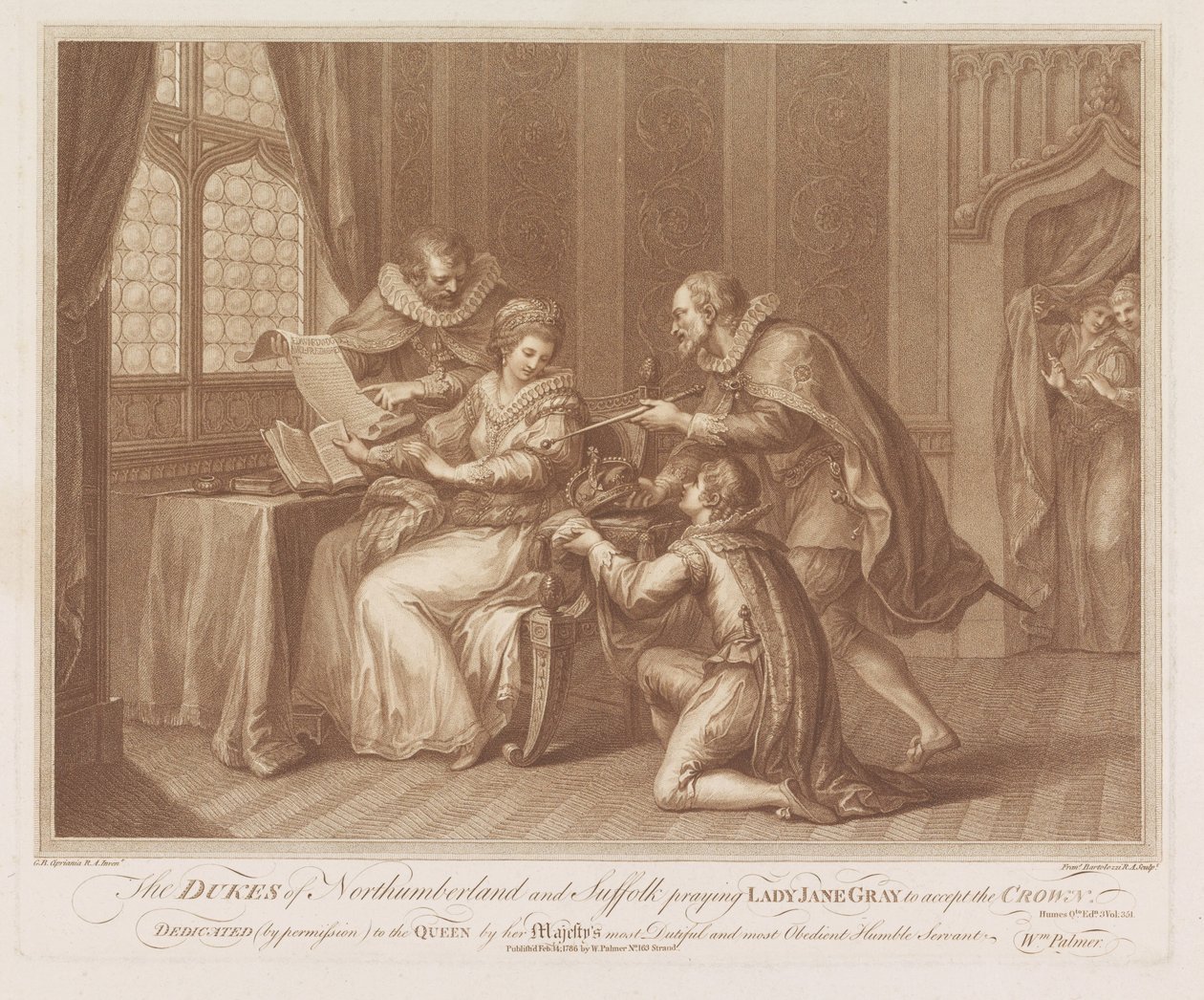 Hertogen van Northumberland en Suffolk vragen Lady Jane Grey de kroon te aanvaarden door Francesco Bartolozzi