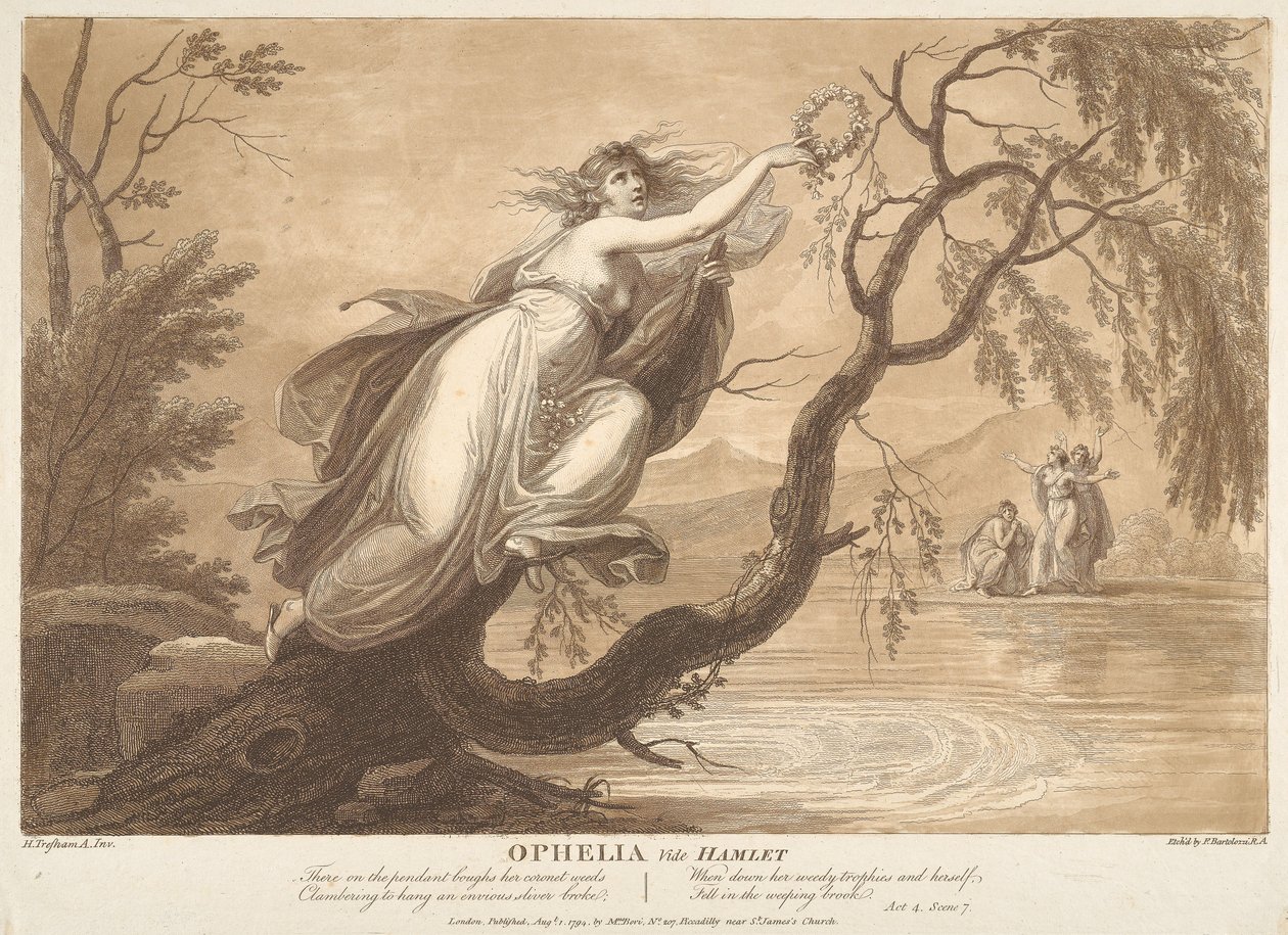 Ophelia, zie Hamlet, akte 4, scène VII door Francesco Bartolozzi