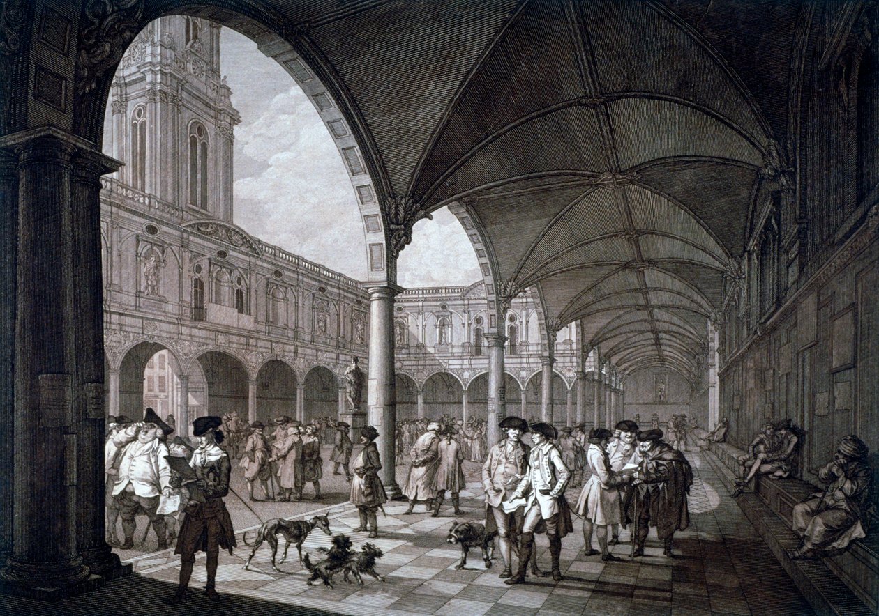 Uitzicht op de binnenplaats in de Royal Exchange met kooplieden en makelaars, City of London, 1788 door Francesco Bartolozzi