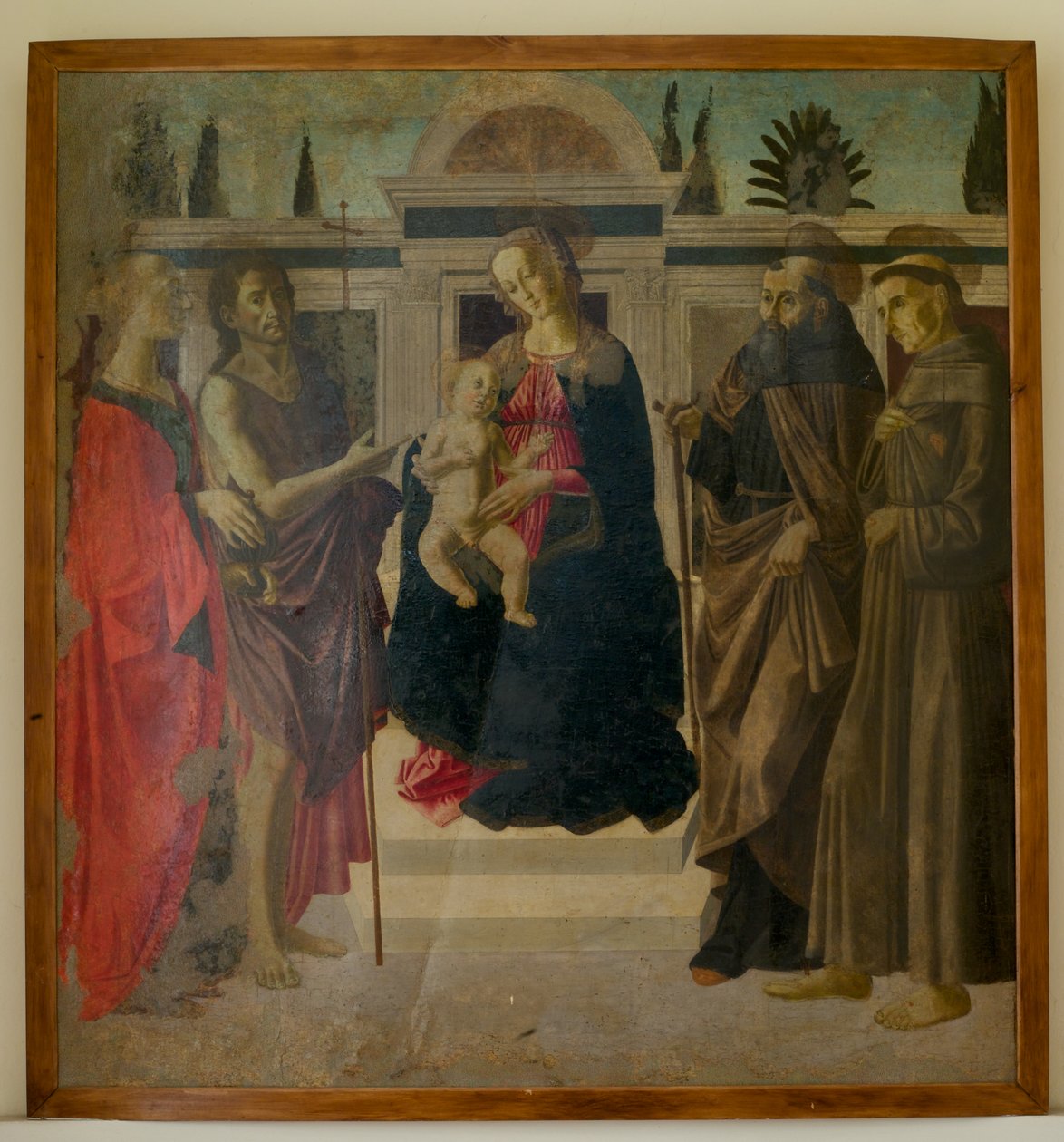 Madonna en Kind met Maria Magdalena, Johannes de Doper, St Zenobius en St Franciscus door Francesco Botticini