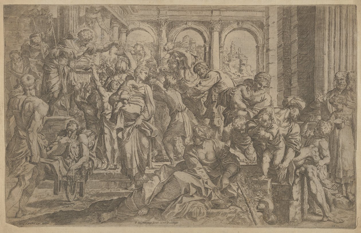 Sint Rochus links die aalmoezen uitdeelt aan een groep mensen om hem heen, na A..., ca. 1607 door Francesco Brizio