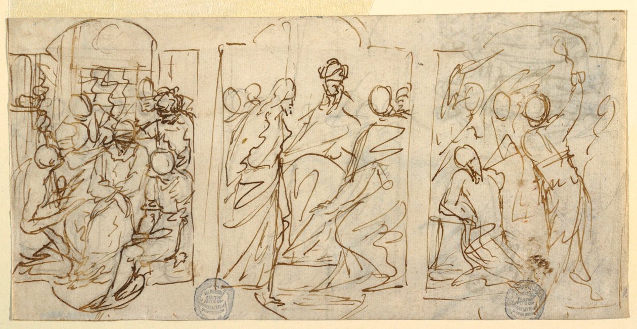 Tekening, Drie stadia van het lijdensverhaal: De bespotting, Christus voor Pilatus, Geseling, ca. 1848 door Francesco Coghetti