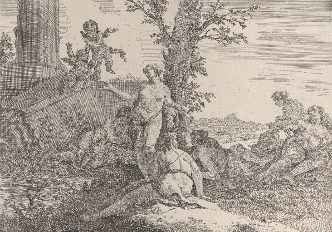 Zes nimfen en twee putti, uit Bacchanalen en Geschiedenissen, 1744 door Francesco Fontebasso