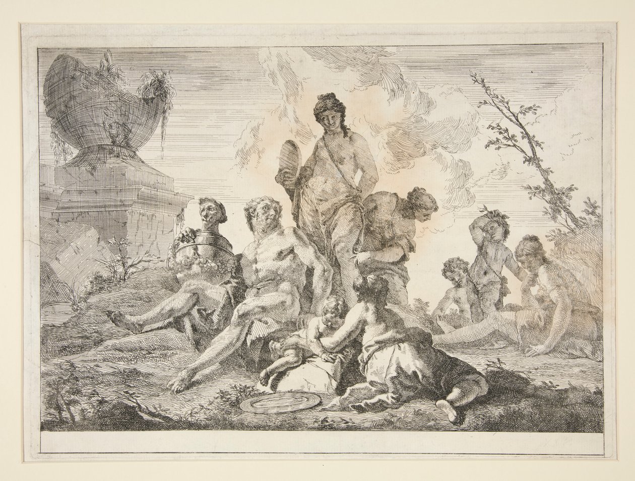 Venus, Vulcanus, drie nimfen en drie cherubijnen in een landschap door Francesco Fontebasso