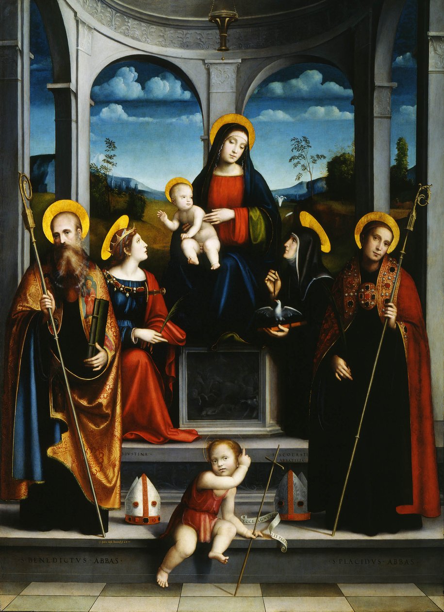 Maagd en Kind met Heiligen Benedictus, Justina, Placidus en Scholastica, ca. 1515 door Francesco Francia
