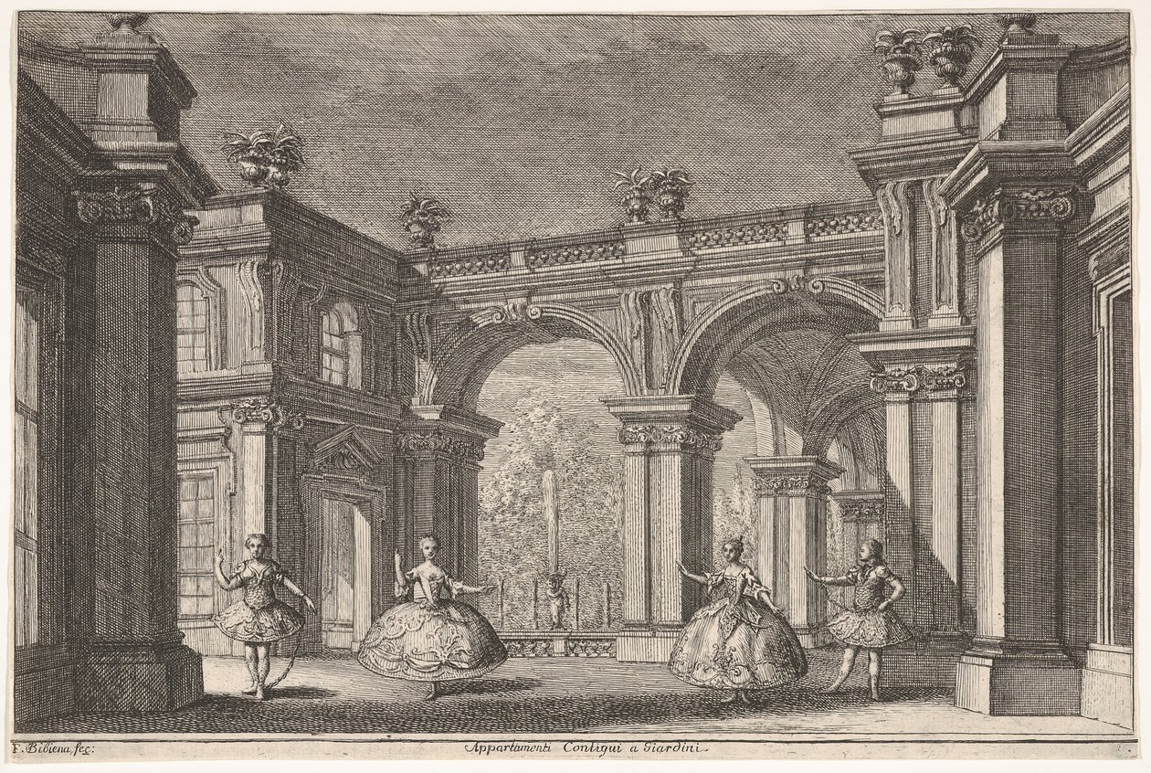Twee dames en twee heren dansen in een sierlijke architecturale setting, een fontein op de achtergrond, 1765 door Francesco Galli Bibiena