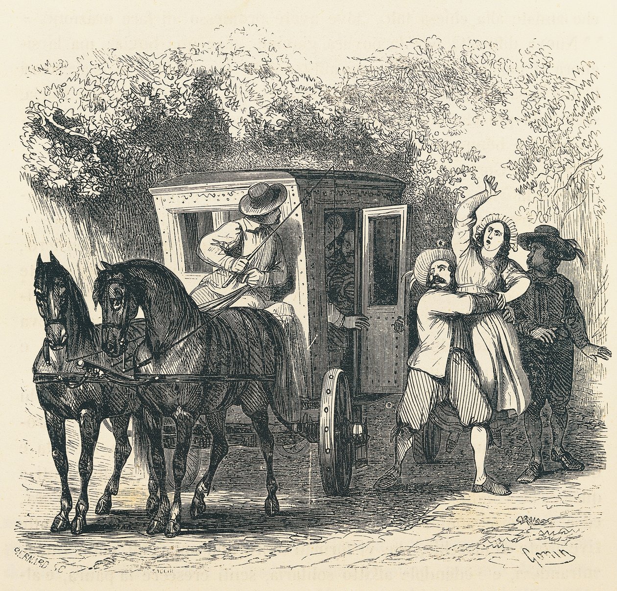 Ontvoering van Lucy, episode uit Betrothed, door Alessandro Manzoni, illustratie door Francesco Gonin voor de editie van 1840 door Francesco Gonin