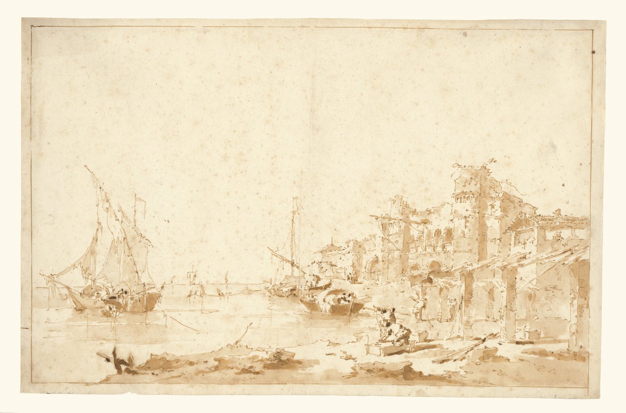 Een denkbeeldig uitzicht op een Venetiaanse lagune, met een fort aan de kust door Francesco Guardi