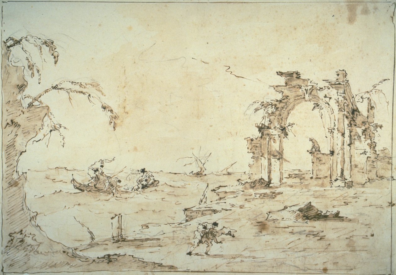 Capriccio met een storm op de lagune door Francesco Guardi