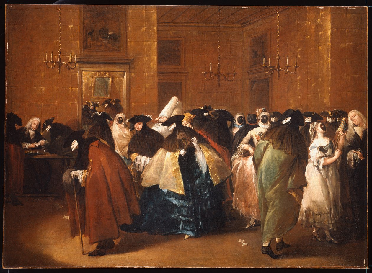 Heren en dames in carnavalskostuum in het Ridotto, Venetië door Francesco Guardi